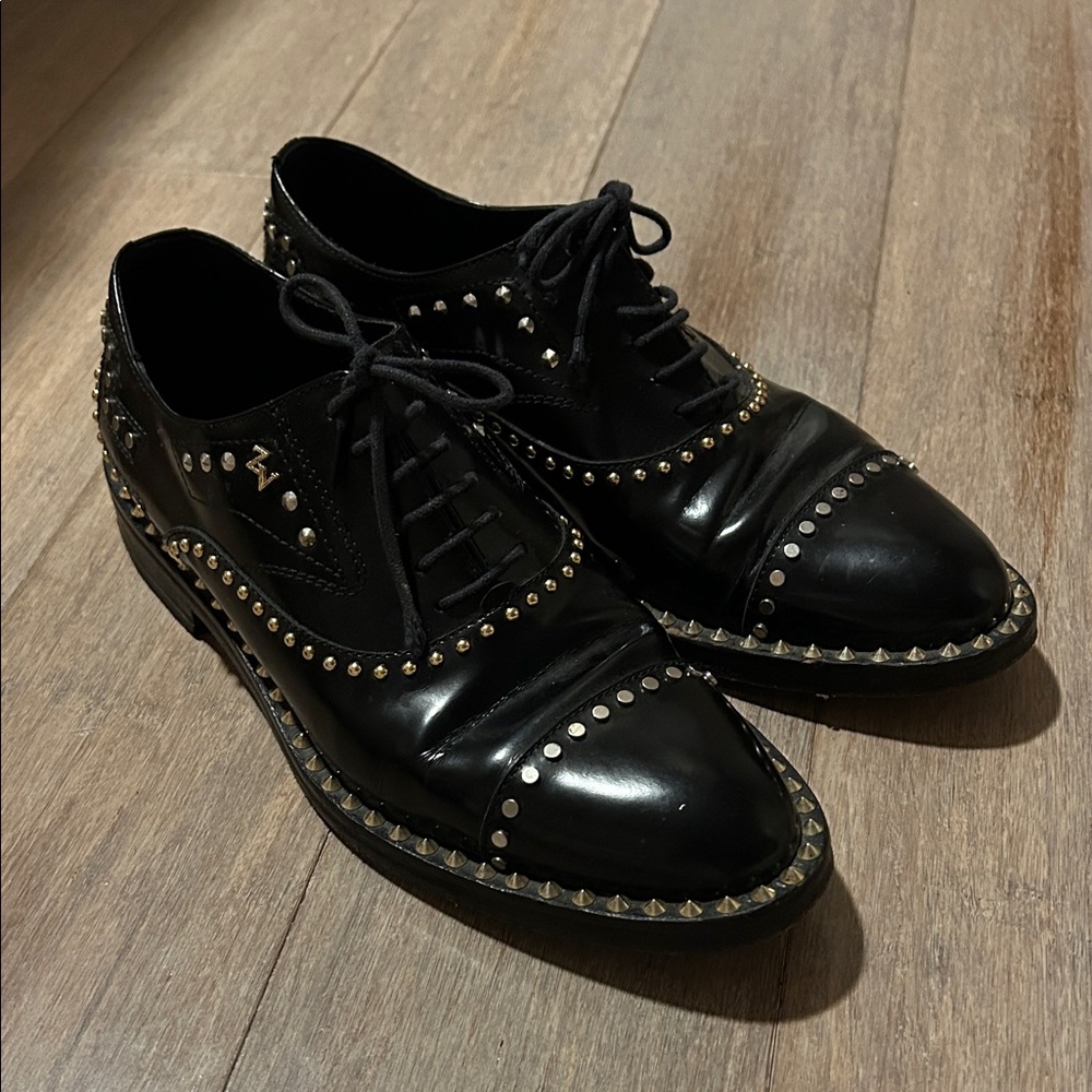 Zadig & Voltaire Youth Clous black patent leather studded derby loafers preppy